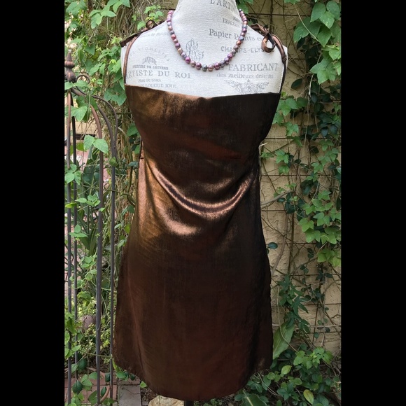 Nasty Gal Dresses & Skirts - Nasty Gal Bronze Metallic Lamé Tie Strap Cowl Neck Mini Dress USA Size 8
